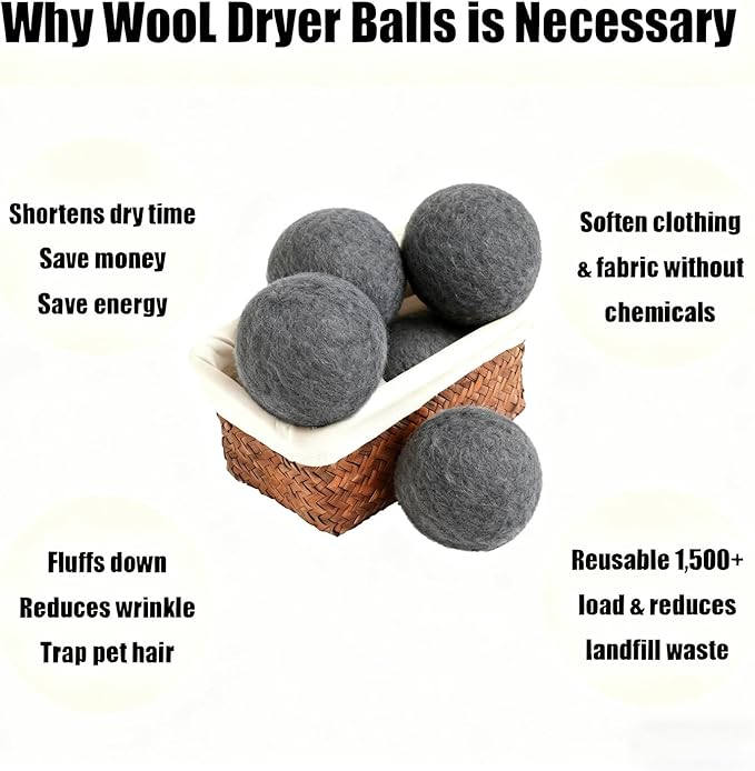 6 Pack Wool Dryer Balls Laundry Reusable Anti Static, Cotton Balls Wool Laundry Balls for Dryer Reduces Clothing Wrinkles Natural Fabric Softener Last 1000+ Loads (Dark Grey, 2.75 in/7 cm)