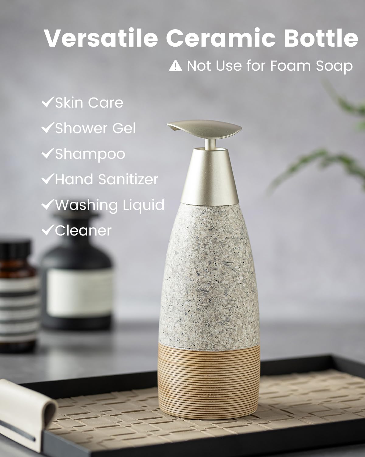 Ceramic Soap Dispenser with 2 Pumps, 12 oz Refillable Liquid Hand Soap Dispenser for Shampoo, Bathroom & Kitchen, Includes Silicone Funnel, Plastic and Stainless Steel Pump, Granite Grey