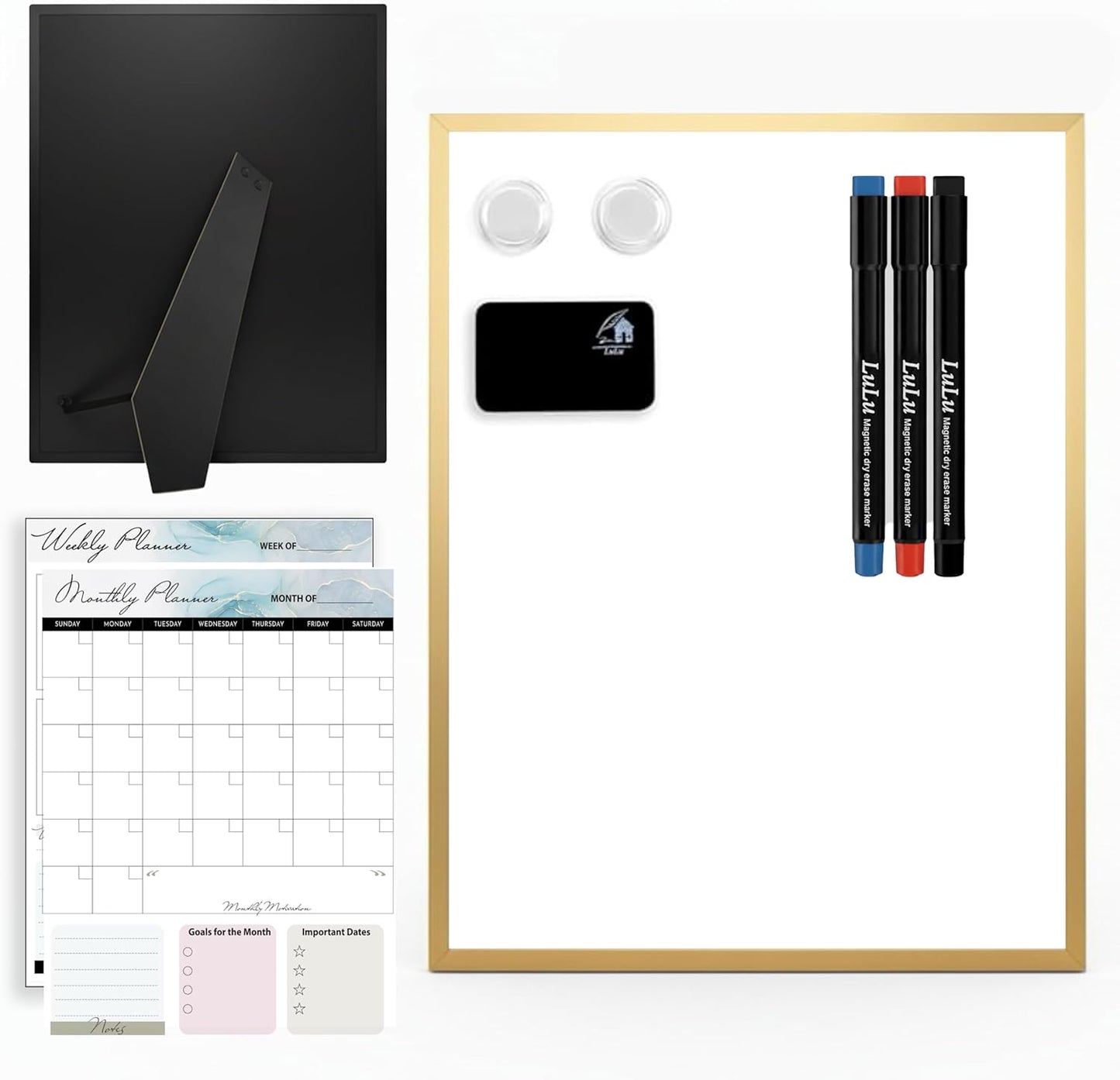 Small Whiteboard 12 x 16 Inch Magnetic Dry Erase Board with Stand & Wall Mount | Gold Aluminum Frame | Planner Board with Weekly & Monthly Sheets | 3 Markers, Eraser & 2 Magnets
