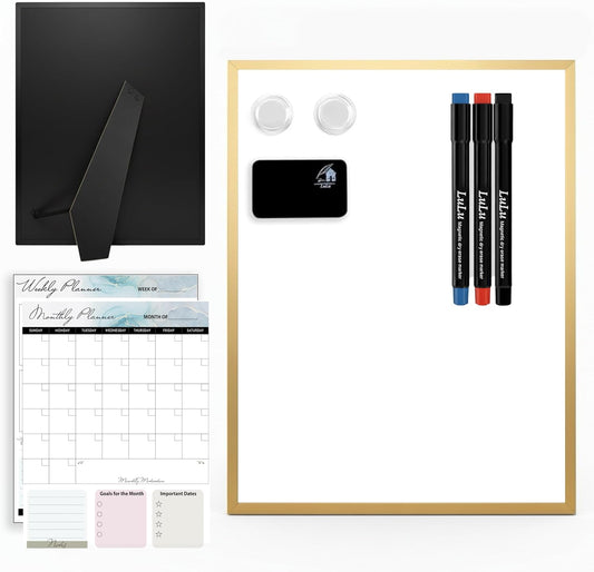 Small Whiteboard 12 x 16 Inch Magnetic Dry Erase Board with Stand & Wall Mount | Gold Aluminum Frame | Planner Board with Weekly & Monthly Sheets | 3 Markers, Eraser & 2 Magnets