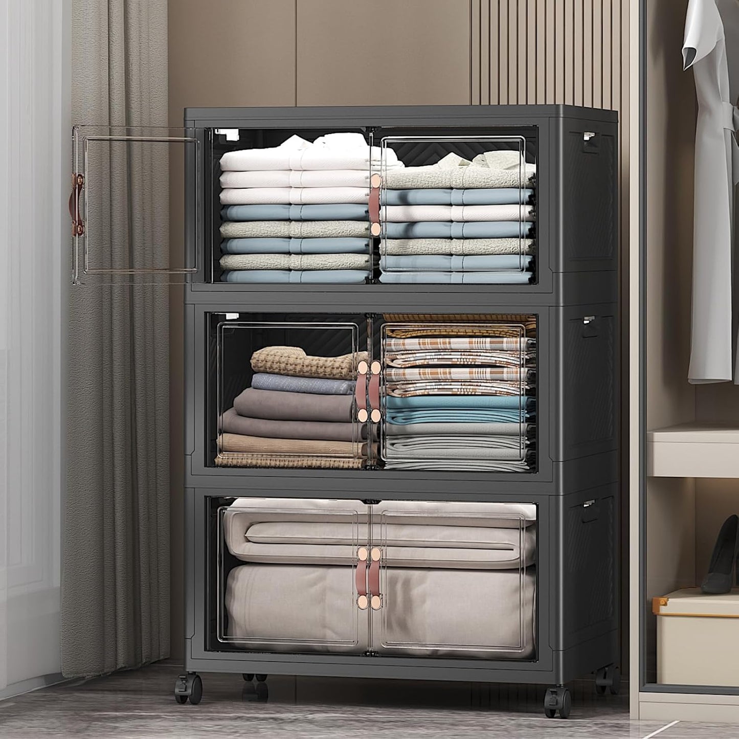 Extra Large Stackable Storage Bins with Lids & Wheels & Door, 336QT-112QT/28GAL*3Pack Foldable Collapsible Closet Organizers, Plastic containers drawers for bedroom Dorm