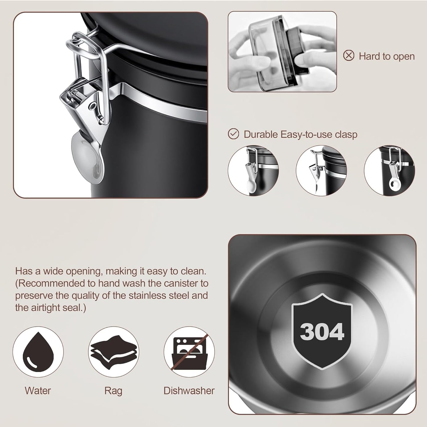 ShanSon Coffee Canister Airtight Coffee Container Stainless Steel Coffee Bean Storage Container with Scoop Coffee Canister for Beans Grounds Sugar Flour Tea Cereal,22OZ, Black