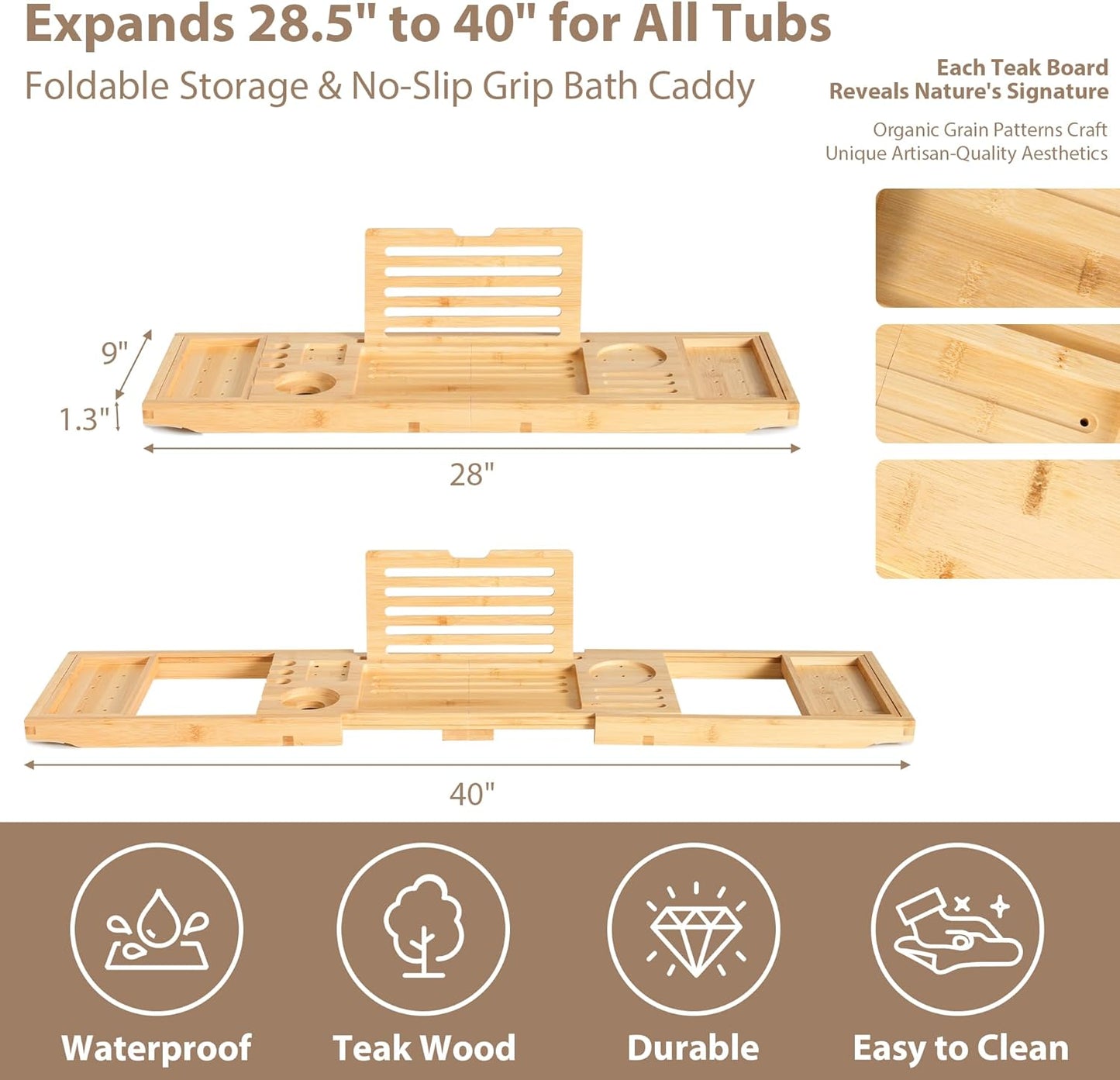Bamboo Bathtub Tray | Splash-Proof Adjustable (28-40 Inch) | Non-Slip Pads, Wine Holder & Tablet Stand | Bath Relaxation & Reading Essentials