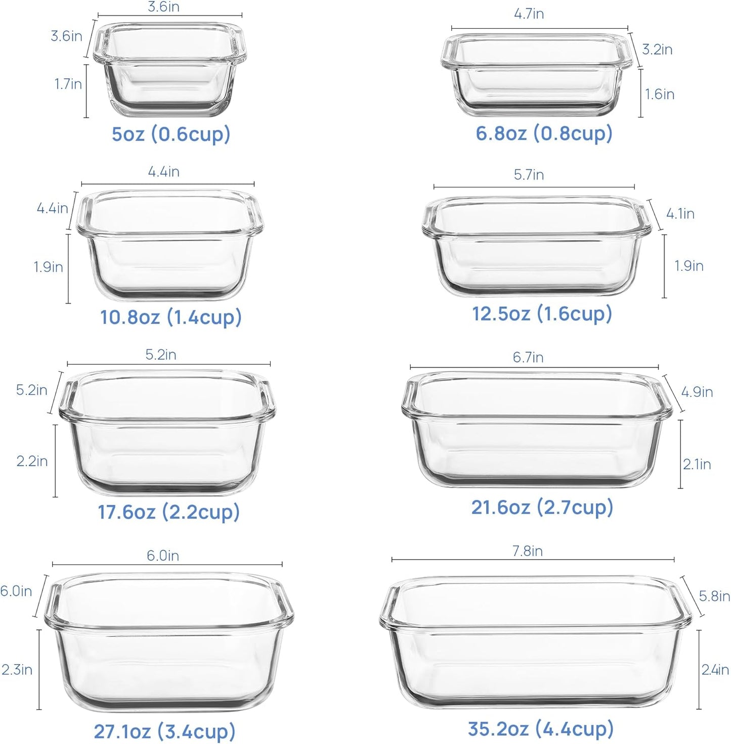 Vtopmart 8 Pack Glass Food Storage Containers with Airtight Lids, Glass Meal Prep Containers, Lunch Office Meal for Microwave, Oven, Freezer and Dishwasher, BPA Free