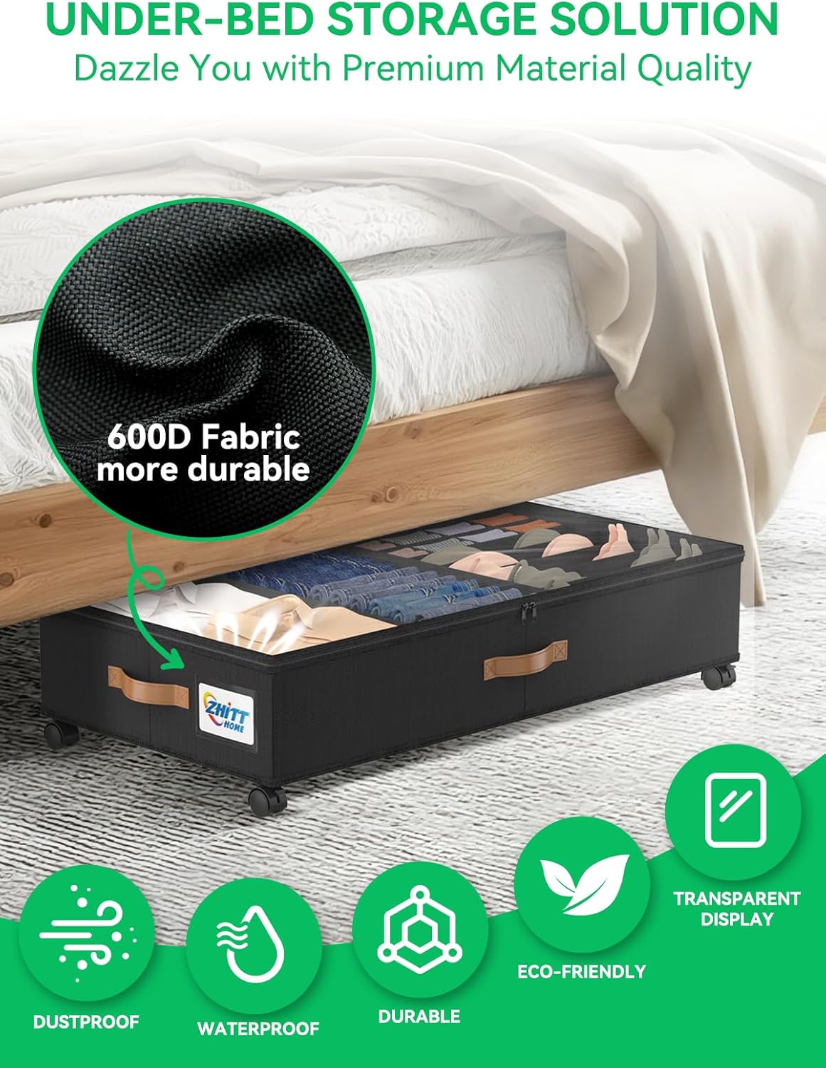 Under Bed Storage with Underwear Organizer Dividers, Scalable Under Bed Storage Containers with Wheels and Lids, 2Pack Underbed Storage Organizer Rolling Bins for Shoes Clothes