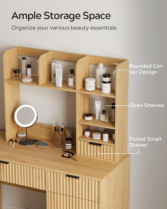 Desktop Bookshelf, Wood Desk Shelf with Fluted Drawer and 5 Shelves, Countertop Desk Hutch for Computer Desk, 3-Tier Display Rack Desk Shelf Storage Organizer for Dorm, Office, Natural Oak