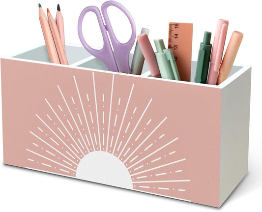 DILSJ Pink Boho Abstract Sunshine Pen Pencil Holder Organizer for Desk, Boho Office Decor, Pink Mid Century Modern Minimalist Sun Sunshine Wooden Box Signs for Home Office Desk Tabletop Decoration
