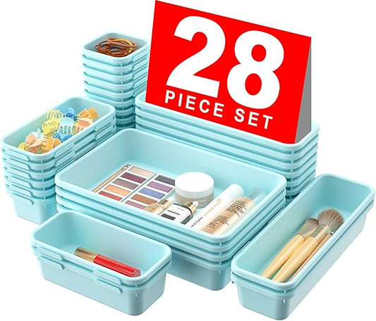 A-LuGei 【28PCS】 Drawer Organizer, Bathroom Organizers and Storage, Makeup organizer, Desk drawer organizer, Storage Bins for Kitchen Office Bedroom Vanity Jewelry Pantry Garage【Black】【4Size】