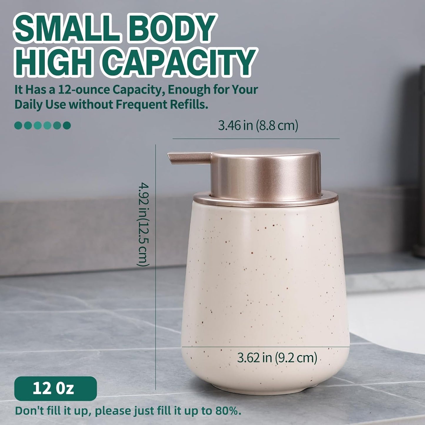 Bosilunlife Hand Soap Dispenser - 12oz Ceramic Soap Dispenser Bathroom Refillable Liquid Soap Pump Dispenser for Bathroom Kitchen Dispenser for Dish Soap with Easy-to-Press Pump