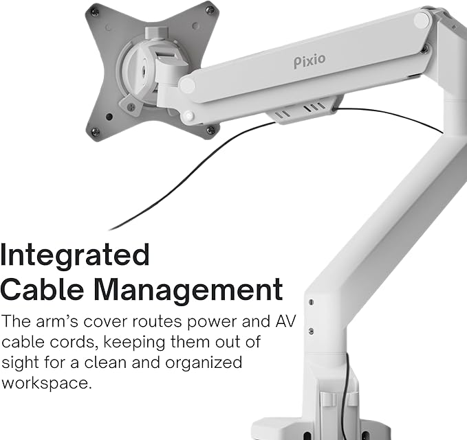 Pixio PS1S Wave White Single Monitor Arm Stand Desk Mount - Fits up to 32 inches Monitors and up to 19.8lbs. VESA Compatibility and Integrated Cable Management
