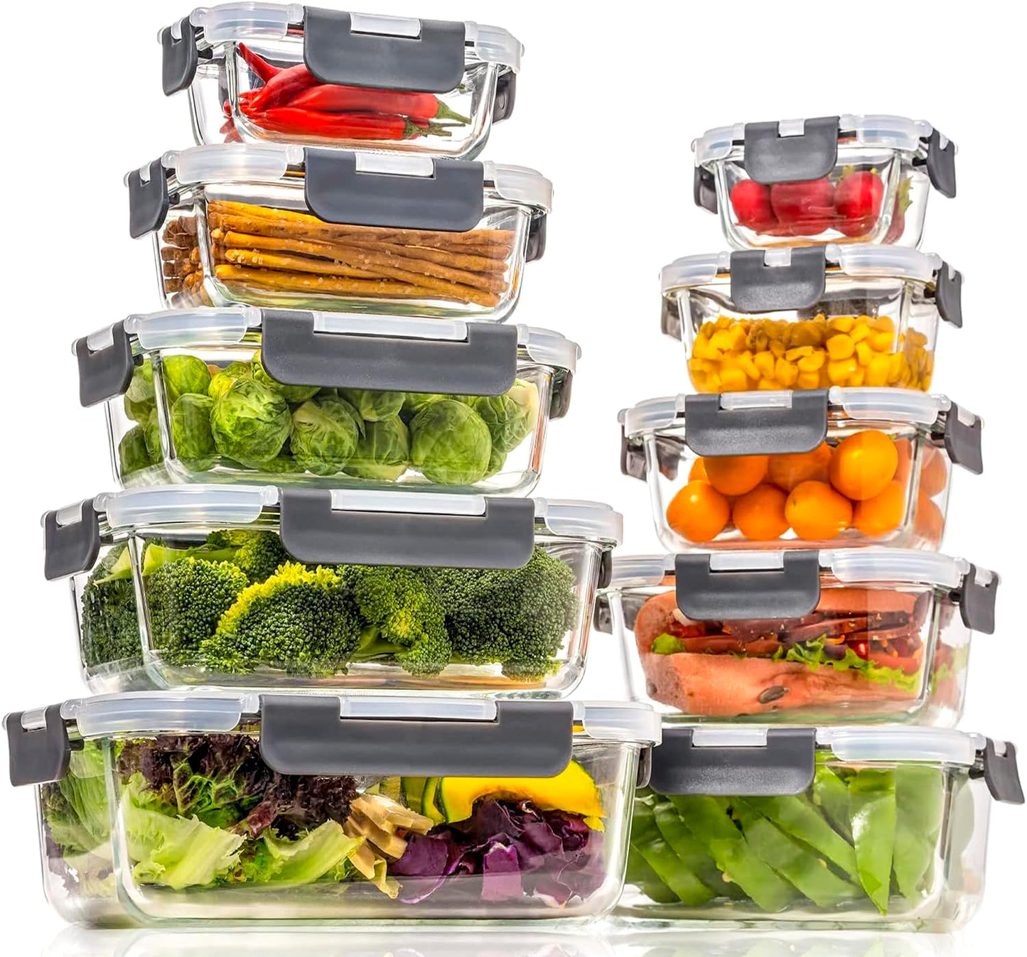 Glass Food Storage Containers with Lids Airtight, Glass Meal Prep Containers for Lunch Food, Container Set, Easy to Open& Close/Microwave,Oven,Freezer,Dishwasher Safe/Leak-Proof（20 Pieces）