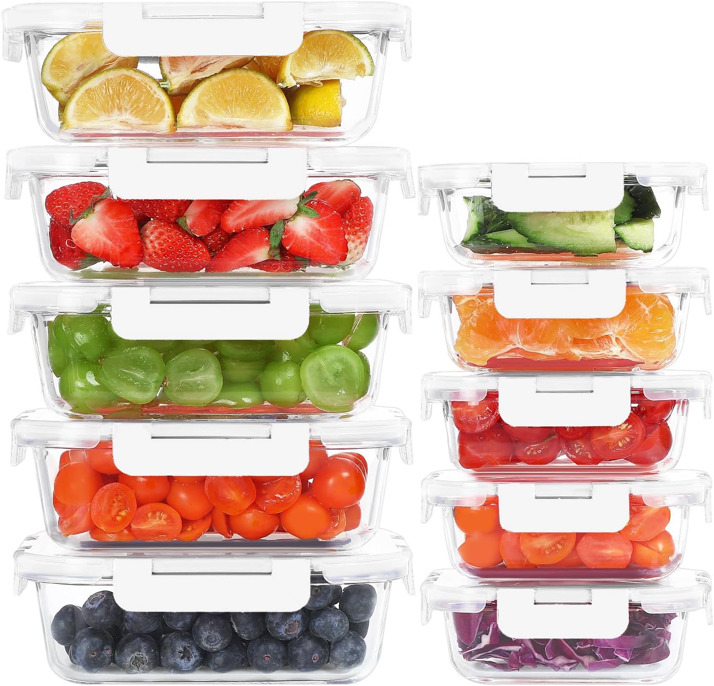 KOMUEE 10 Pack Glass Food Storage Containers, Meal Prep Containers with Lids, Airtight Glass Lunch Boxes, Freezer, Oven, and Microwave Safe, White
