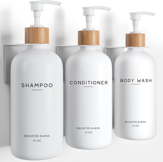 White Shampoo and Conditioner Dispenser Set Wall Mounted by Brighter Barns - Shower Dispenser 3 Chamber No Drill - Refillable Shampoo and Conditioner Bottles for Shower Wall in Airbnb, Hotel (White)