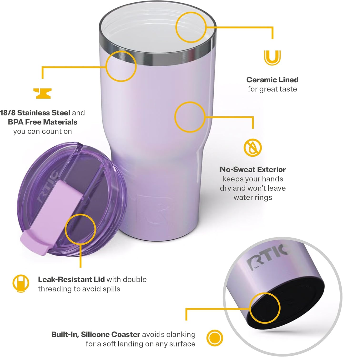 RTIC 30oz Essential Tumbler with Lid, Ceramic Lined, Insulated, Stainless Steel, Metal, Double Wall Vacuum-Insulation, Travel Cup for Iced Coffee, Tea, Hot and Cold Drink, Lavender Glitter