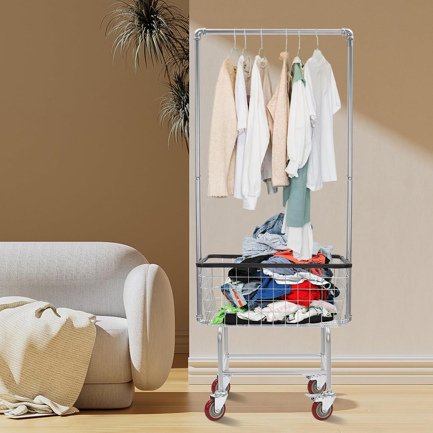 Wire Laundry Basket with Wheels,Commercial Laundry Basket Cart,Heavy Duty Rolling Laundry Cart with Rod Rack for Lau-ndry Clothes Storage (Type 1)