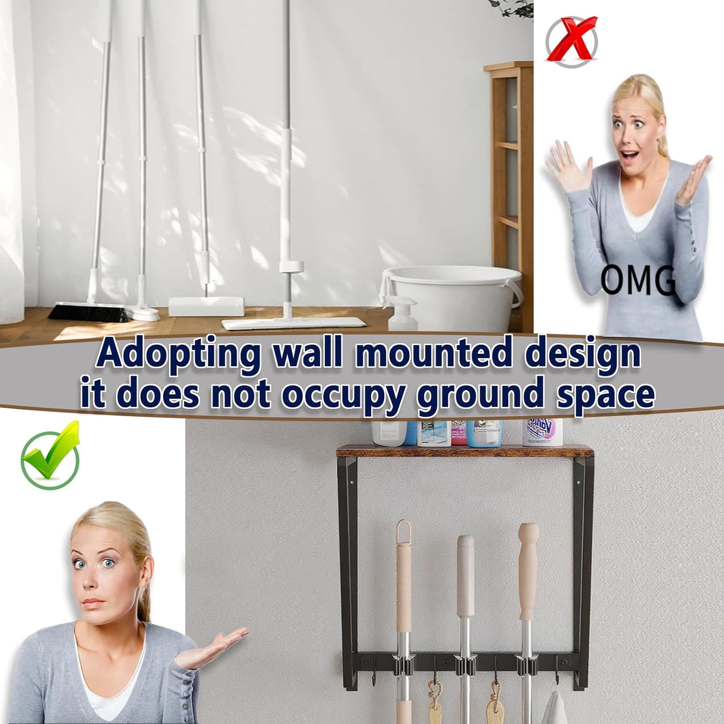 Wall-mounted broom and mop storage rack, equipped with mop, broom hanger and grab hooks for cleaning supplies, suitable for kitchens, laundry rooms, garages, utility rooms, closets, etc.