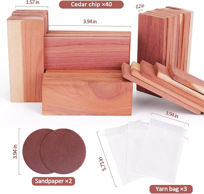 Woodever 40 Pack Cedar Planks for Clothes Storage, 100% Natural Aromatic Cedar Wood Pieces for Closets and Drawers, with Sandpaper and Sachets