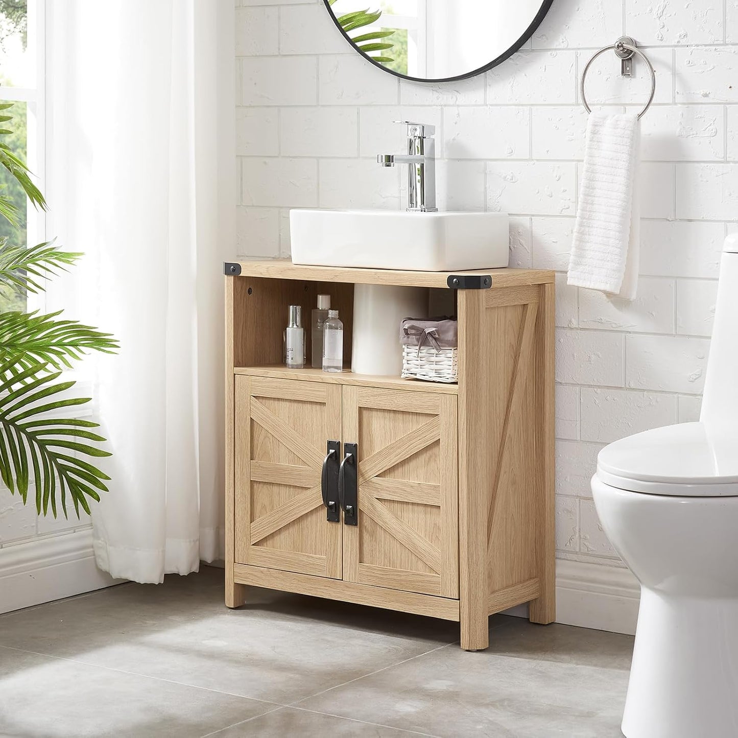 Bathroom Floor Cabinet, Adjustable Shelf, Barn Doors, Farmhouse Bathroom Storage Cabinet for Kitchen, Living Room (Natural Oak)