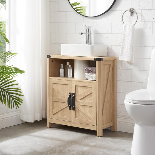 Bathroom Floor Cabinet, Adjustable Shelf, Barn Doors, Farmhouse Bathroom Storage Cabinet for Kitchen, Living Room (Natural Oak)