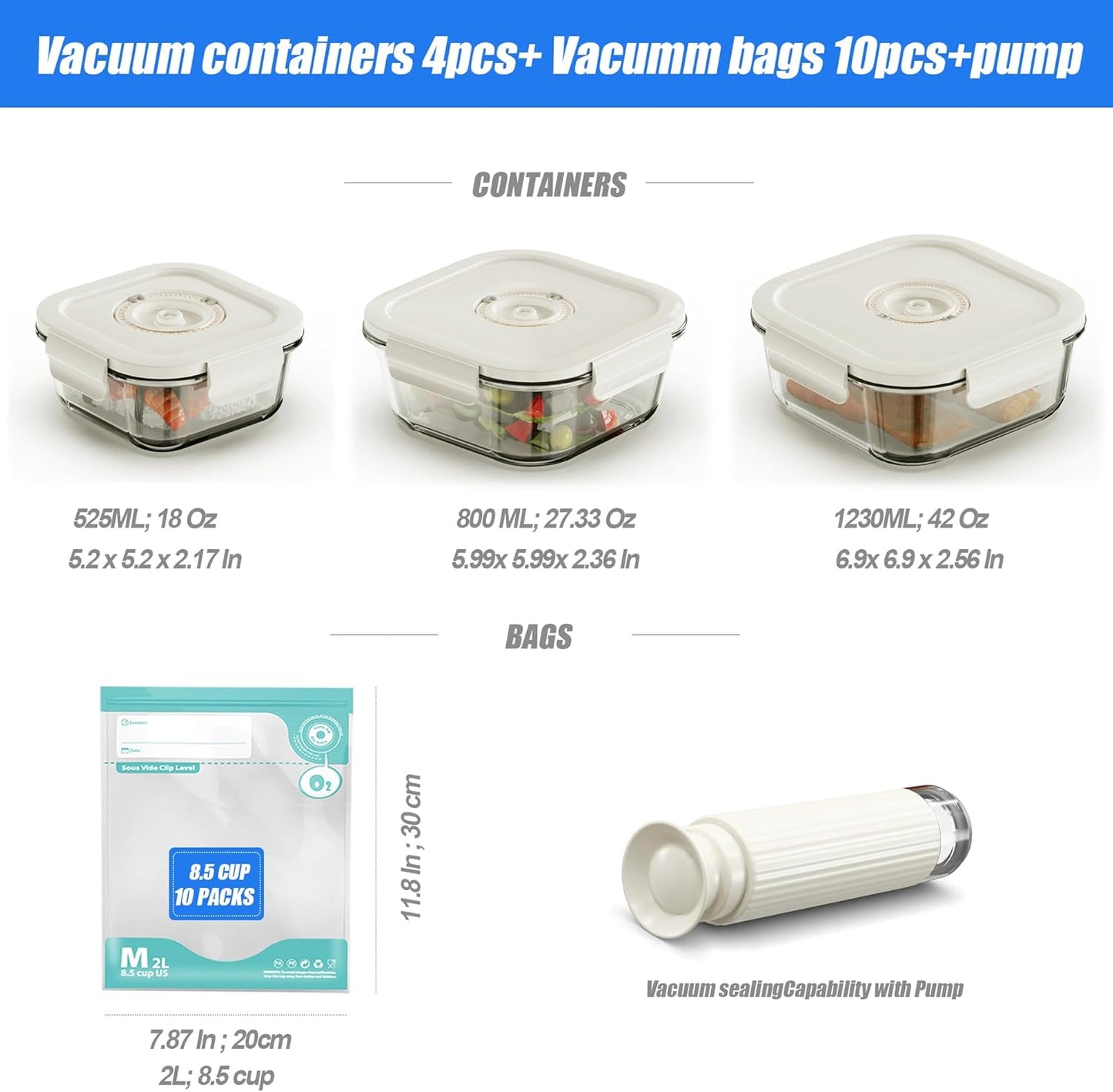 17 PCS Glass Food Vacuum Storage Containers, Up to 5 times longer, Premium Airtight, 100% Leak Proof, Vacuum Sealer Machine, 3 Containers, 10 Reusable Food Saver Sealer Bags,4 Sealing Clips