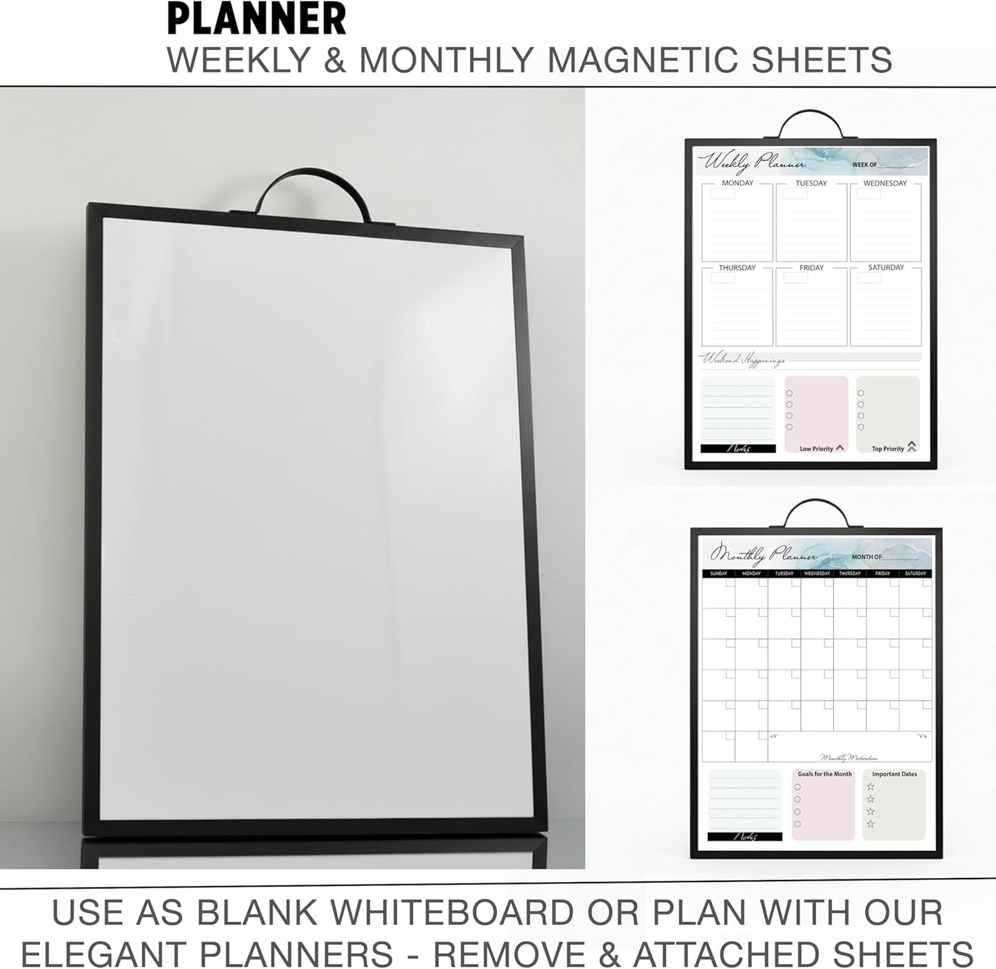 Small Whiteboard 12 x 16 Inch Magnetic Dry Erase Board with Handle | Black Aluminum Frame | Double-Sided Planner Board with Weekly & Monthly Sheets | 3 Markers, Eraser & 2 Magnets
