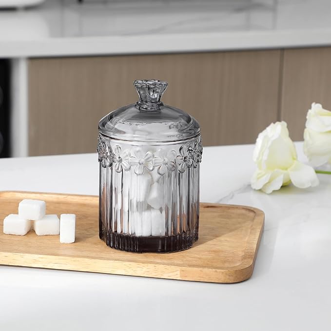 rejomiik 2 Pack Qtip Holder Glass Apothecary Jars with Lids Set Bathroom Canisters Dispenser Organizers and Storage for Cotton Swabs, Balls, Pads, Floss Picks, Candy, Grey