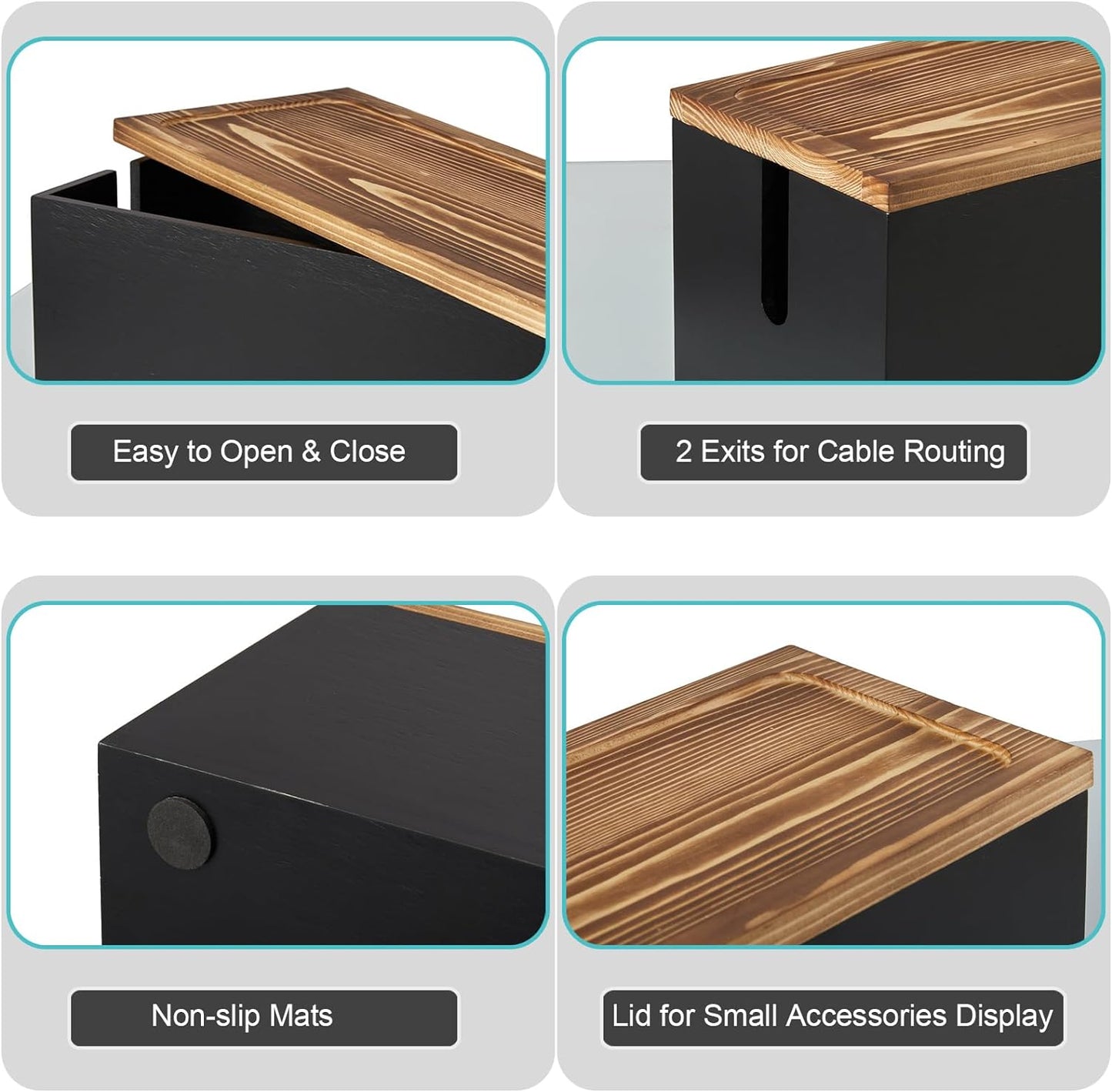 Bivvclaz Large Cable Management Box, Wooden Cord Organizer Box for Desk, Floor, Office to Hide Extension Cords Power Stripes Surge Protectors Chargers Wires, Black