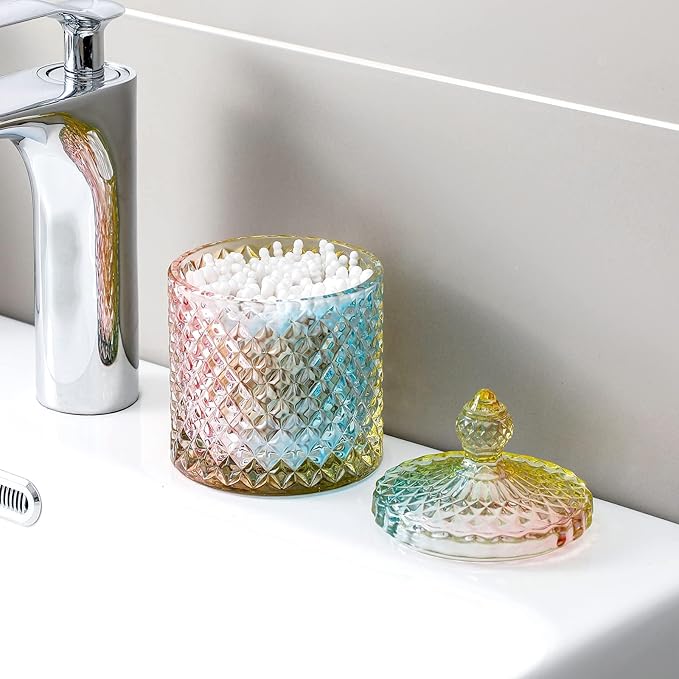 Qtip Holder Glass Apothecary Jars with Lid Bathroom Accessories Vanity Organizers and Makeup Storage for Cotton Swabs, Makeup Sponges, Bath Salts, Canister Dispenser, 2 Pack Rainbow