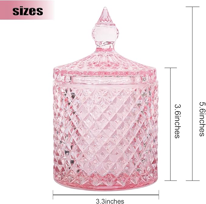 rejomiik 2 Pack Qtip Holder Thick Glass Apothecary Jars with Lid for Bathroom Decor Storage Organizer for Cotton Swabs, Balls, Pads, Floss Picks, Candy, Jewelry, Pink