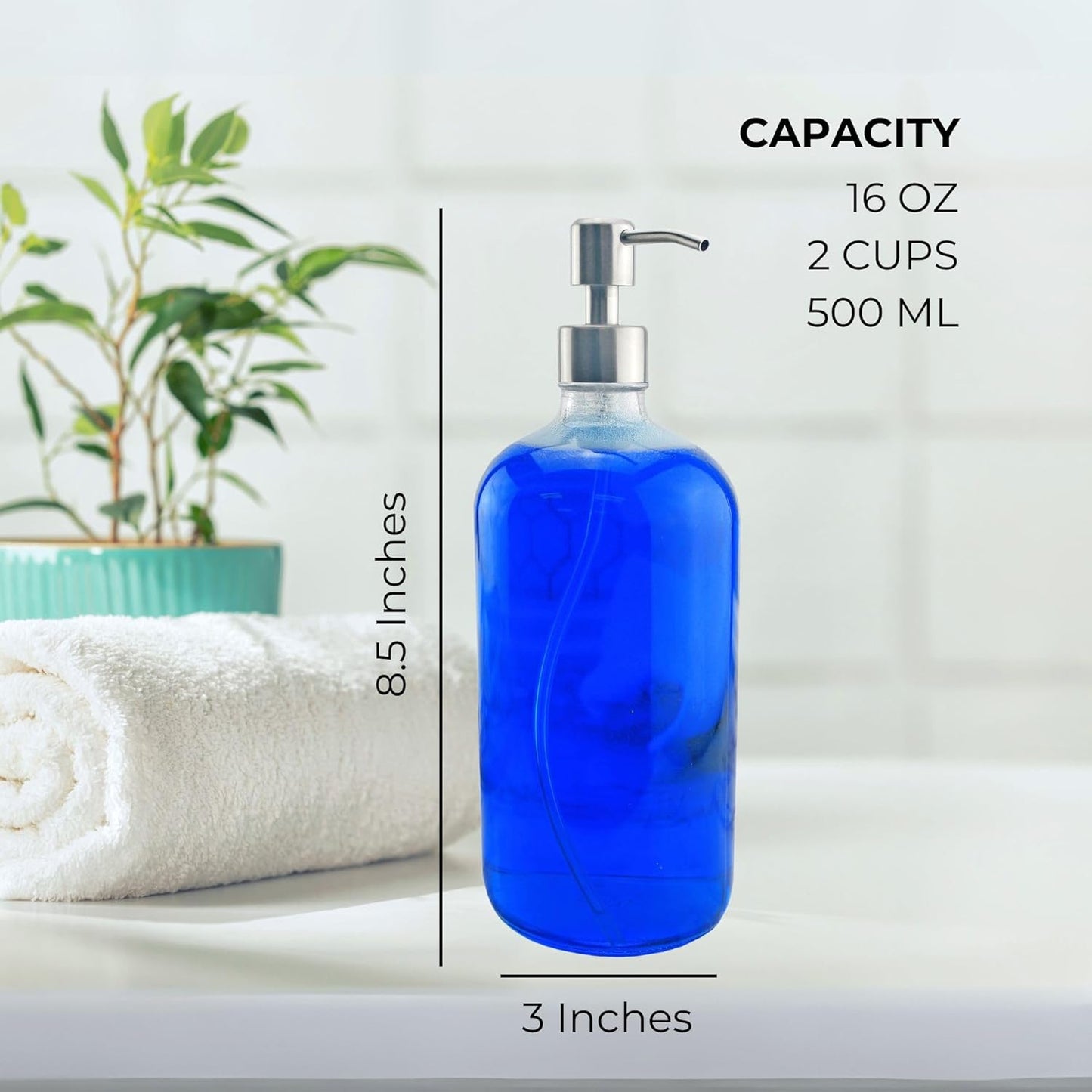 Cornucopia Brands 16-Ounce Clear Glass Bottles w/Stainless Steel Pumps (2 Pack), Soap Dispenser Great for Essential Oils, Lotions, Liquid Soaps
