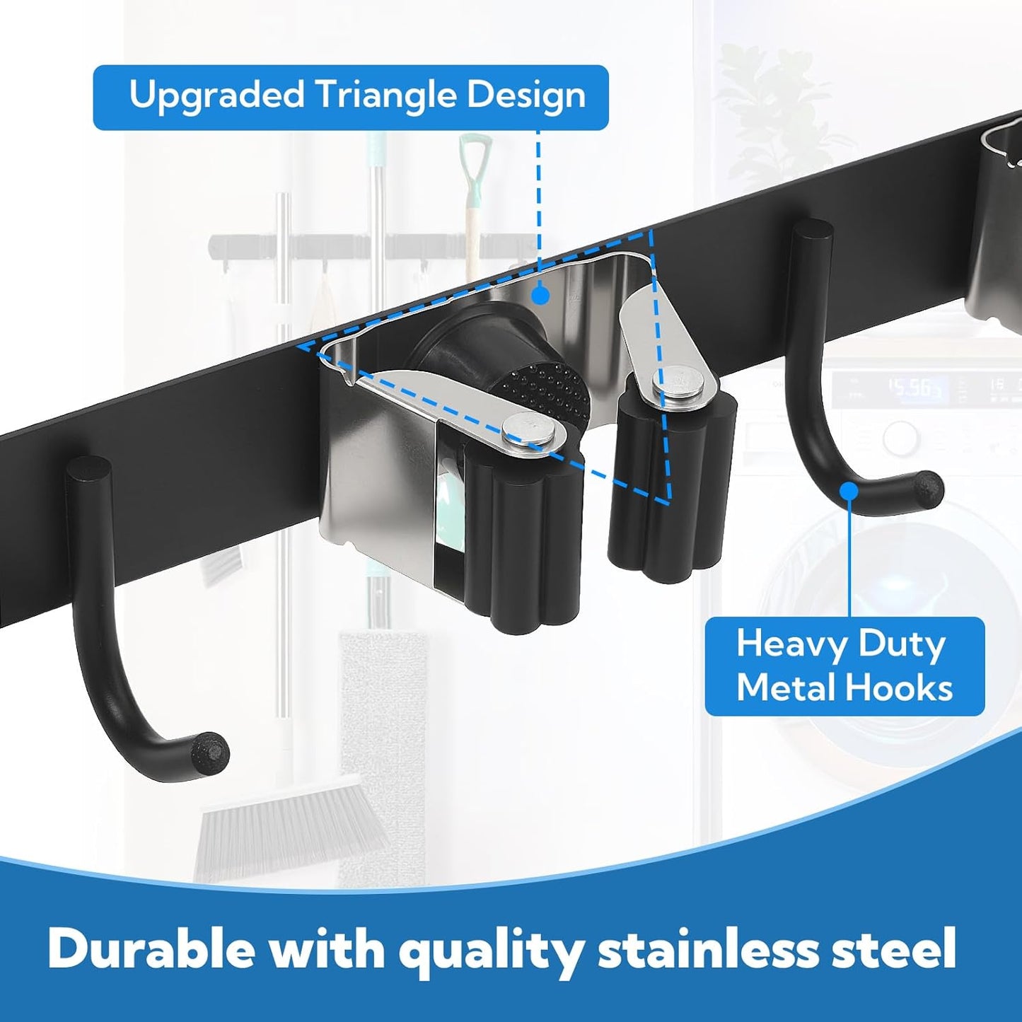 3 Pack Black Mop and Broom Holder Wall Mount Self Adhesive 3 Racks with 4 Hooks Broom Organizer Wall Mount Stainless Steel Broom Hanger for Home Kitchen Garden Laundry Garage Organization Storage