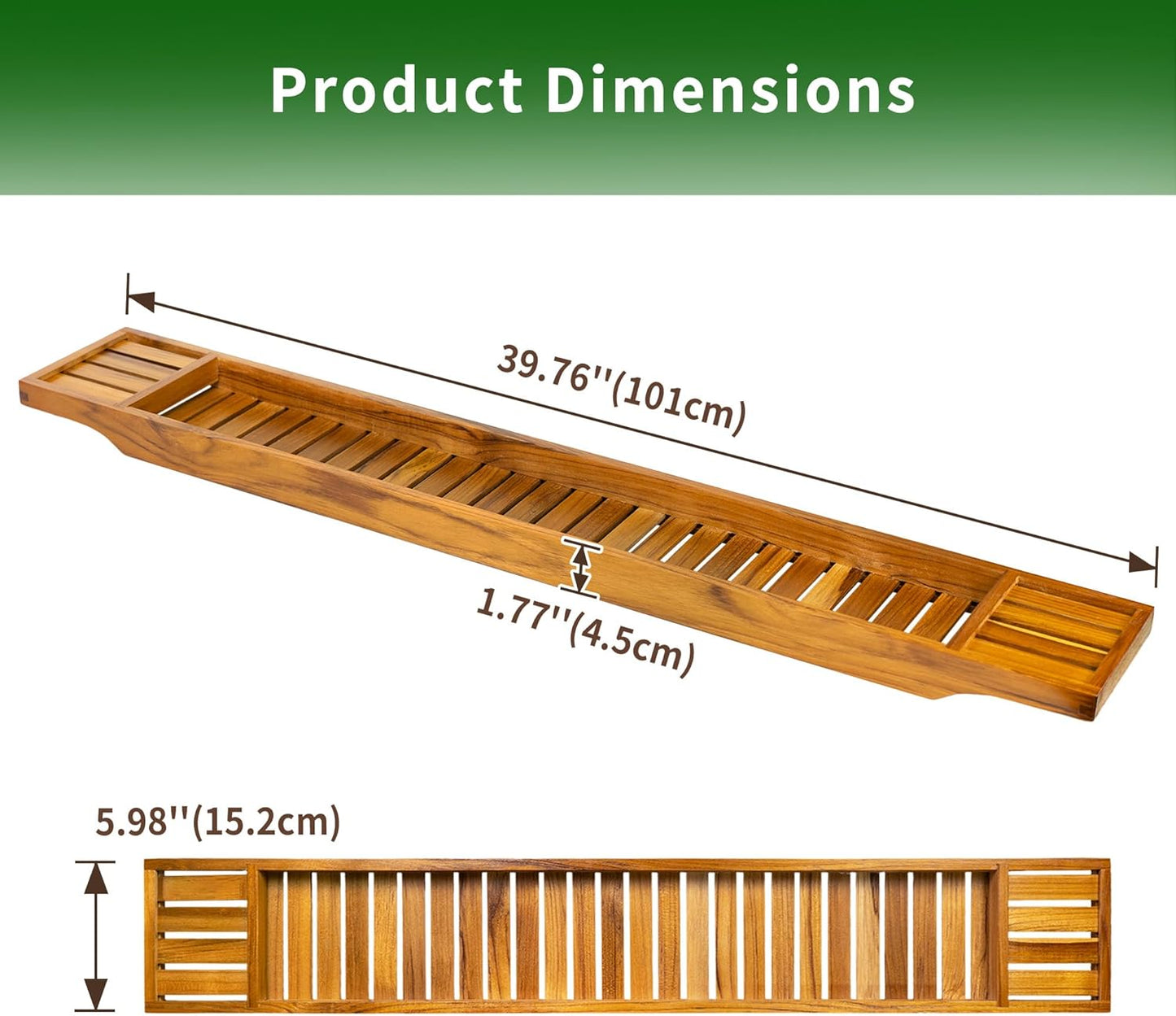 VaeFae Teak Bathtub Tray, Wooden Bath Caddy for Bathtub, Bath Tub Wood Table for Tub, 39.8" x 6" x 1.8"