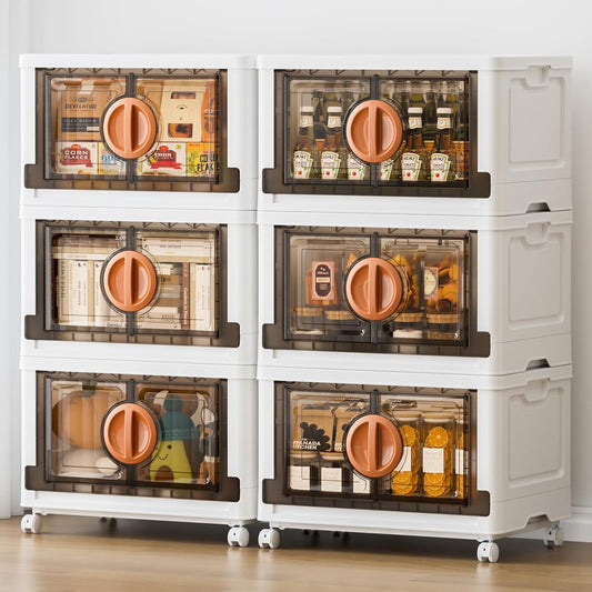 JEKO&JEKO 498Qt Lockable Stackable Storage Bins with Lids, Collapsible Closet Organizer with Wheels, Plastic Cabinet Drawer for Clothes 6 Pack (White)