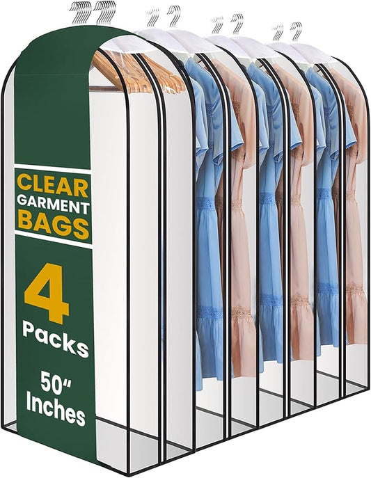 Clear Garment Bags for Clothes Storage - 4-Pack Plastic Hanging Covers and Clothing Protectors, Long Dress Suit Jacket Closet Cover Dust Proof Garment Bag Set for Organized Wardrobe Storage (50")
