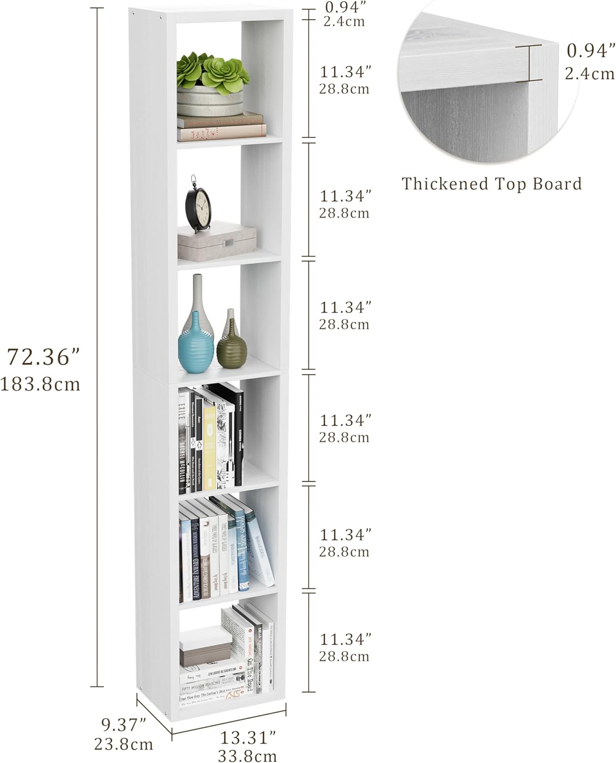 Tall Cube Storage Organizer Bookcase, 6 Tier 11 inch Open Back Cubical Shelf with Thickened Border, Display Bookshelf for Living Room, Home Office, Sturdy Room (White, 6 Cube,Vertical)
