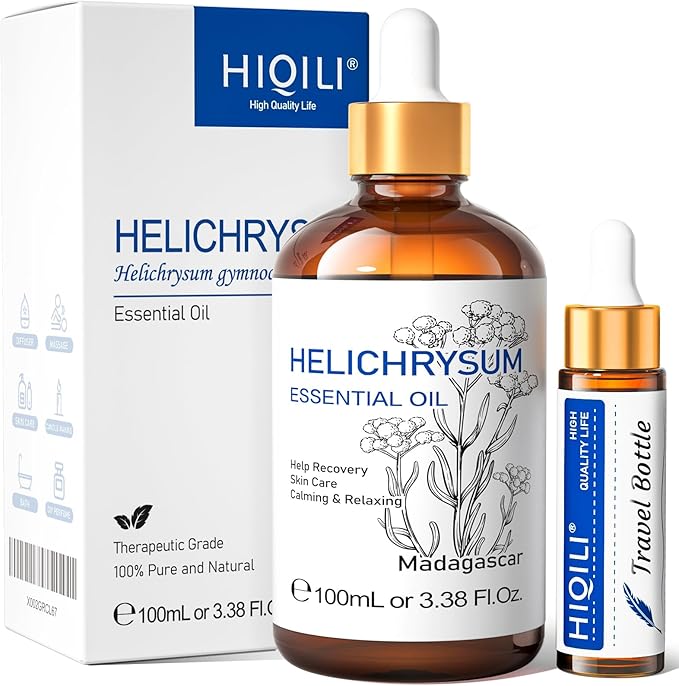 HIQILI Helichrysum Essential Oil for Skin Nourish, Undiluted & Natural, Relieve Fatigue in Body Massage, Reduce Fine Line and Wrinkle, Aromatherapy Diffuser, DIY Floral Scented Gift -100ML