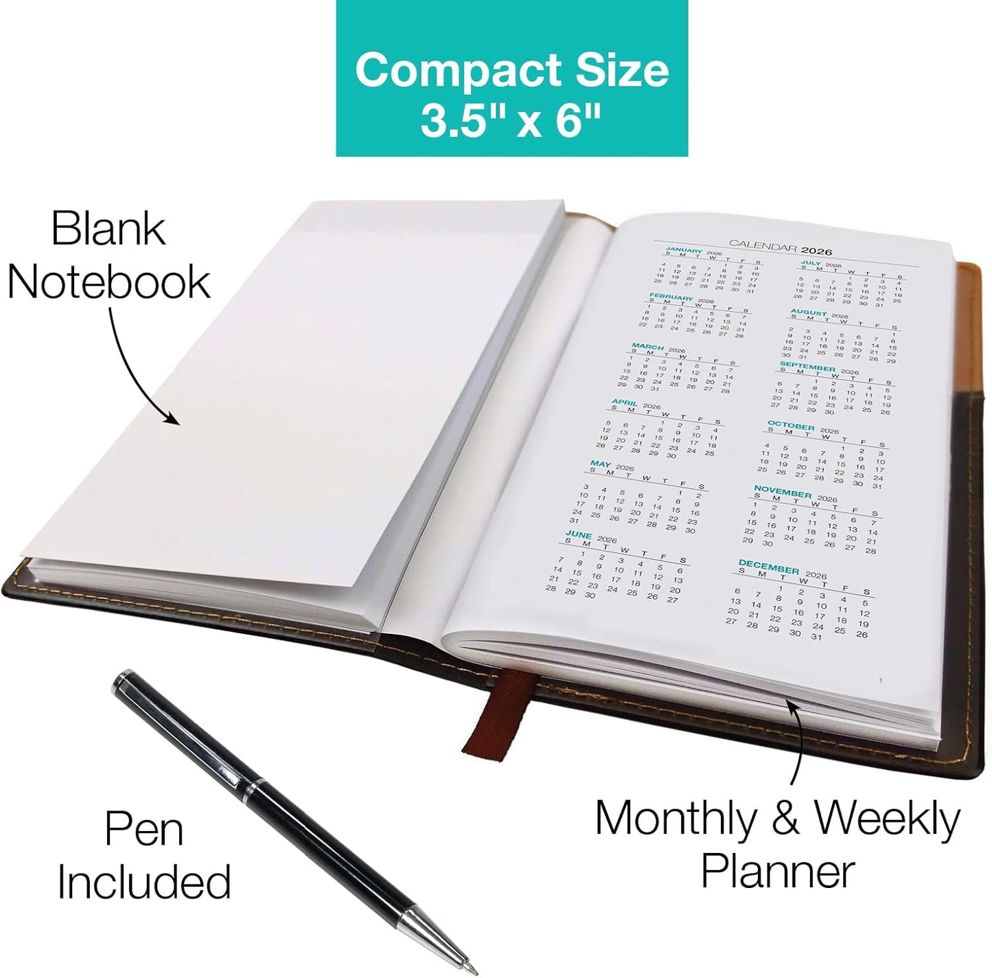 2026 Pocket Planner/Pocket Calendar and Pen, 3.5"x6": Includes 14 Months (November 2025 - December 2026) / 2026 Weekly Planner/Weekly Agenda/Monthly Calendar Organizer (Brown/Black)