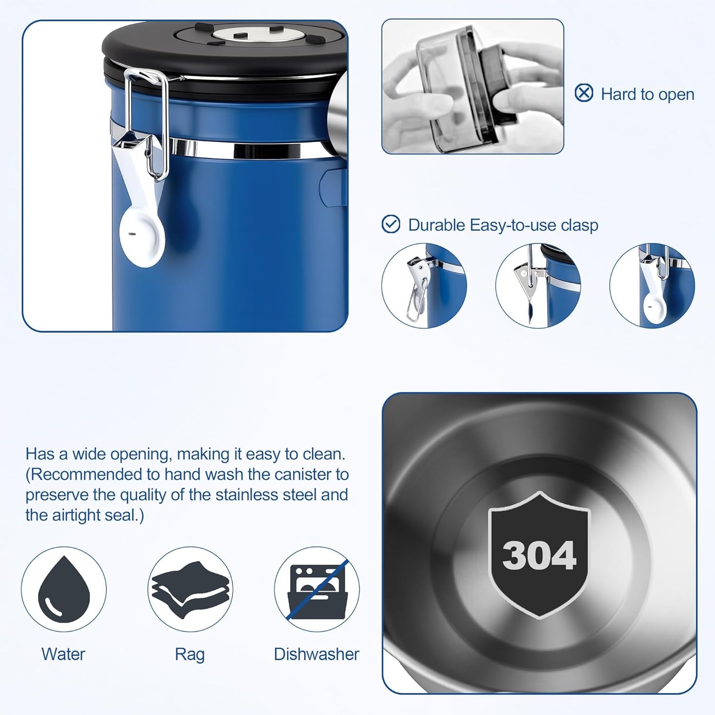 ShanSon Coffee Canister Airtight Coffee Container Stainless Steel Coffee Bean Storage Container with Scoop Coffee Canister for Beans Grounds Sugar Flour Tea Cereal,16OZ,Blue