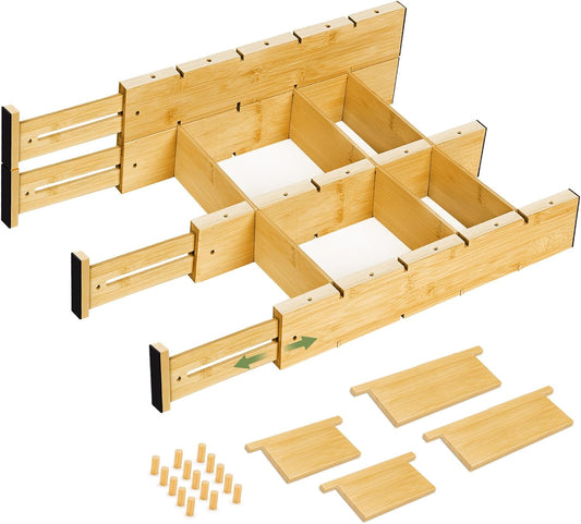 Bamboo Drawer Dividers 4PCS with Inserts, Expandable Kitchen Utensil Drawer Organizers,Adjustable drawer organizer for deep drawers Dresser Closet Underwear Storage Bedroom Bathroom Drawers(16.6"-22")