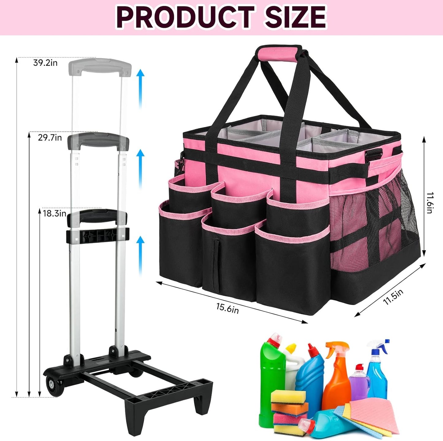 Large Rolling Cleaning Caddy Bag with Detachable Trolley,Cleaning Cart on Wheels with Shoulder Strap,Cleaning Supplies Organizer for Housekeepers,PInk