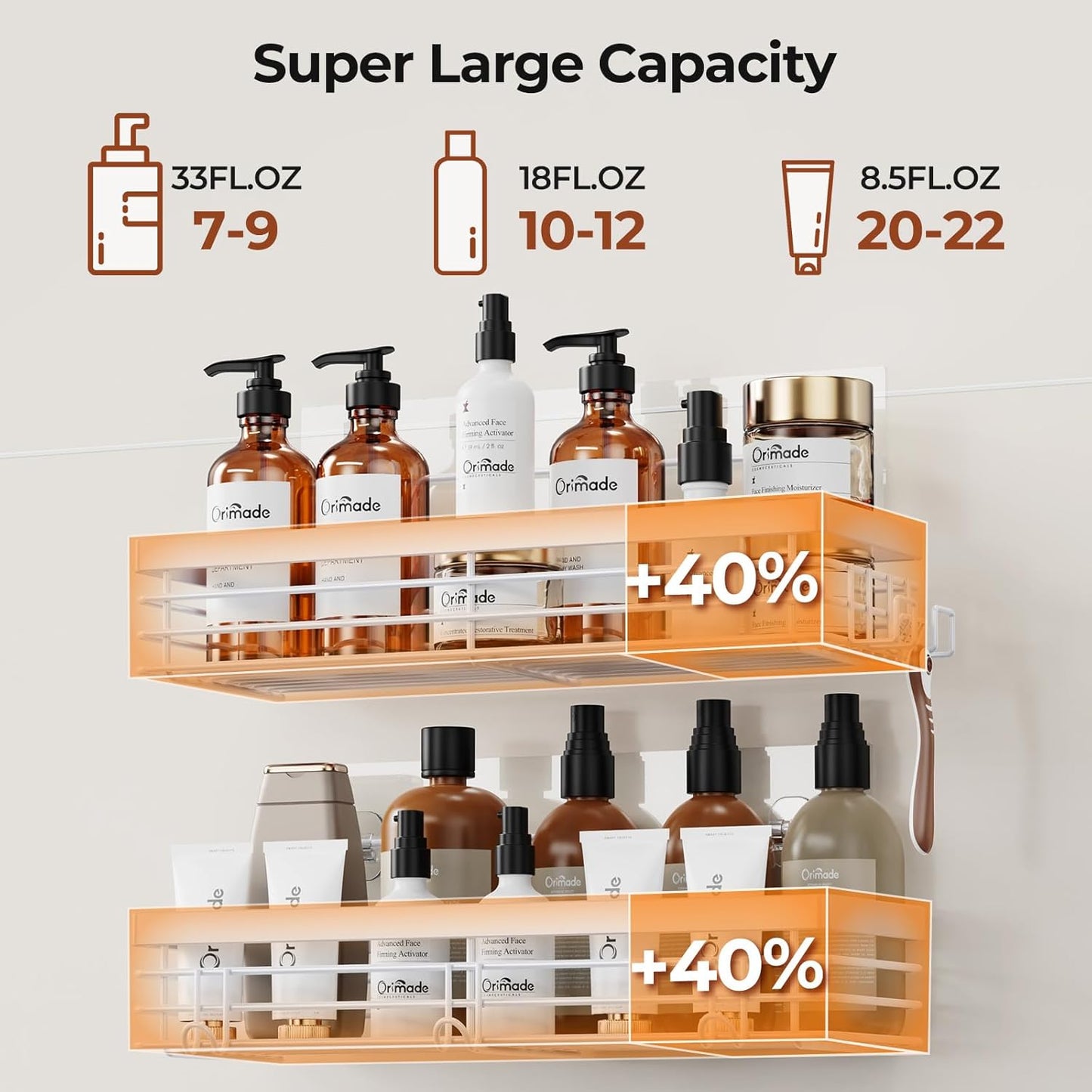 Orimade Adhesive Shower Caddy Soap Dish Holder Shelf with 5 Hooks Bathroom Organizer Basket Kitchen Storage Rack Wall Mounted No Drilling Stainless Steel - 3 Pack, White