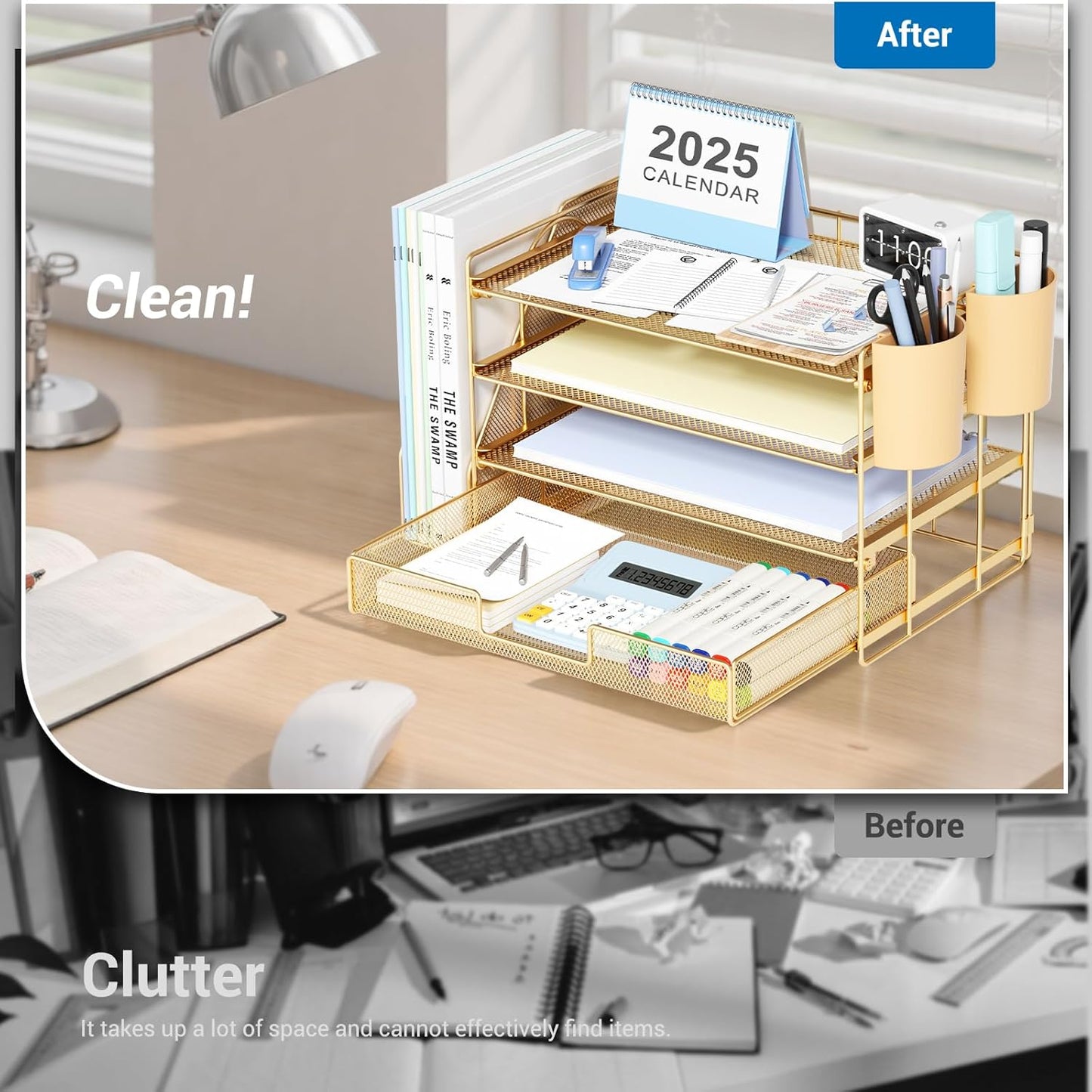 Desk Organizer and Accessories, 4-Tier Desktop File Organizer with Drawer and 2 Pen Holders, Office Desk Accessories, File Sorters, Workspace Organizers for Office Supplies(Gold)