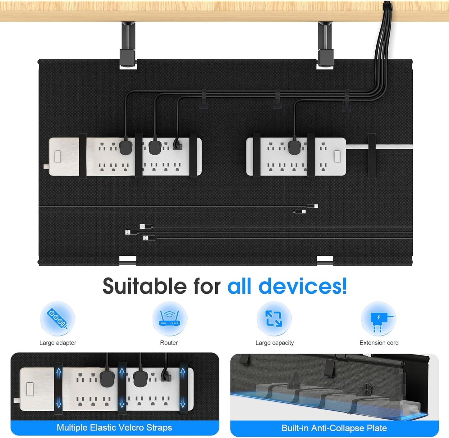 Under Desk Cable Management Tray, 30-inch No-Drill Cord Organizer with Anti-Sag Reinforced Base, Fabric Wire Management Hider for Standing Desk, Office & Gaming Accessories - Black