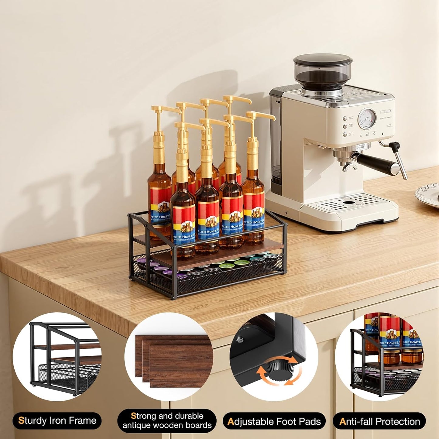 Coffee Syrup Rack Organizer, 3-Tier 8 Bottle Syrup Rack with 35 K Cup Drawer for Coffee Bar, Countertop Bottle Holder Stand for Dressing for Kitchen Cafe Station