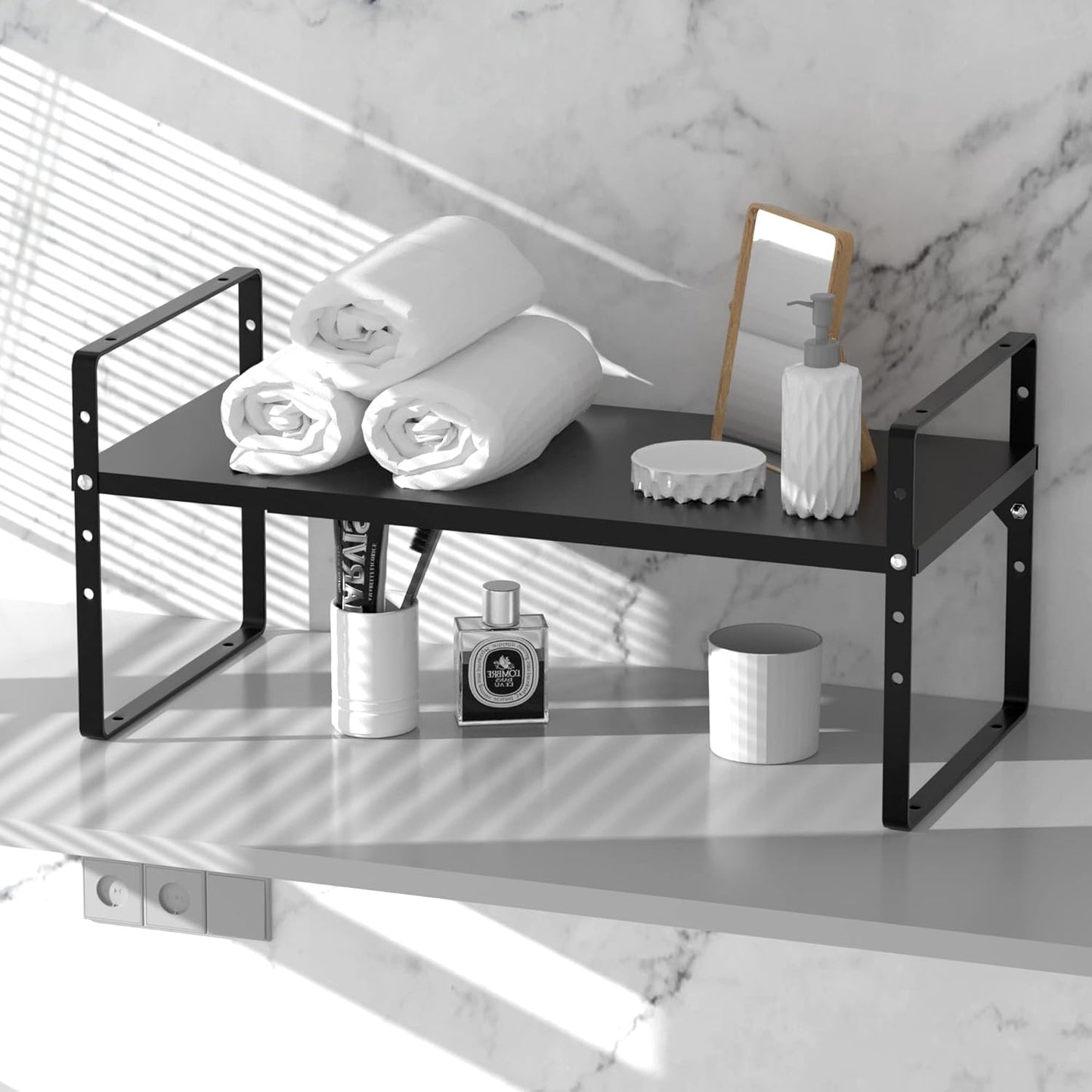 Redrubbit Large Expandable Cabinet Shelf Organizers, Stackable Kitchen Counter Shelves Spice Rack for Kitchen Bathroom Pantry Cupboard Desk Home Office, Black-2 Pack