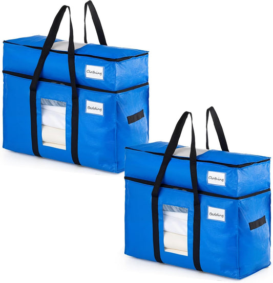 TAILI 2 Tier Extra Large Moving Bags, 2 Pack Blue Heavy Duty Totes For Storage with Visible Window, Wrap Around Handles, Storage Bags for Space Saving, Alternative to Moving Boxes