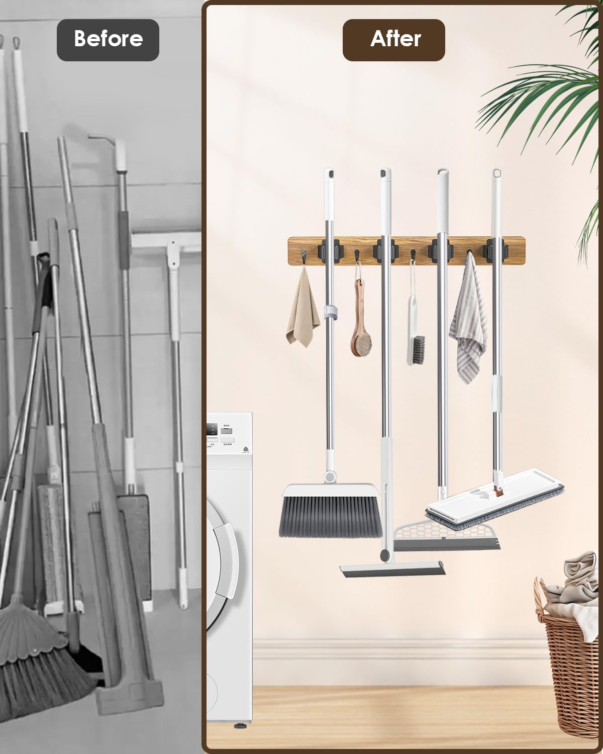 AceMining Broom Holder Wall Mounted, 2 Pack 4 Holders and 4 Hooks Mop Holder, Wooden Mop and Broom Holder with Anti slip rubber, Natural pine wood Brush Holder, Mop Wall Holde with Nail installation