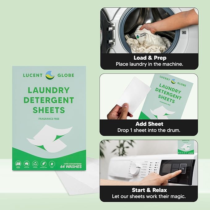 Lucent Globe Laundry Detergent Sheets. Pre-Measured Laundry Sheets. Powerful Stain Removal. Works in All Clothes Washers. (1 Pack - 64 Washes, Fragrance Free)