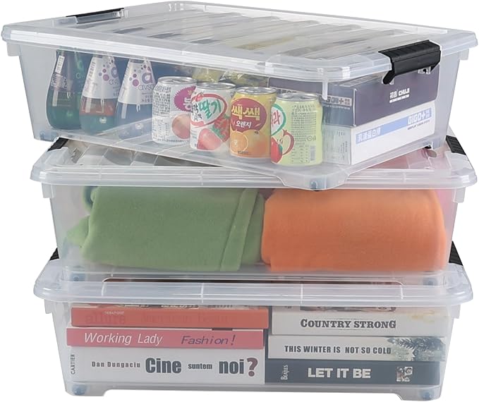 Hespama 25 Quart Clear Plastic Underbed Storage Bin with Wheels, 3 Pack