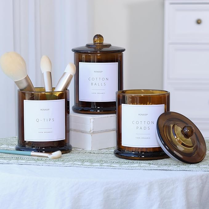 3 Pack Qtip Holder Dispenser, 16oz Bathroom Organizer and Storage Canisters, Glass Apothecary Jars with Lid - Home Decor, Room Decor Aesthetic (Amber)